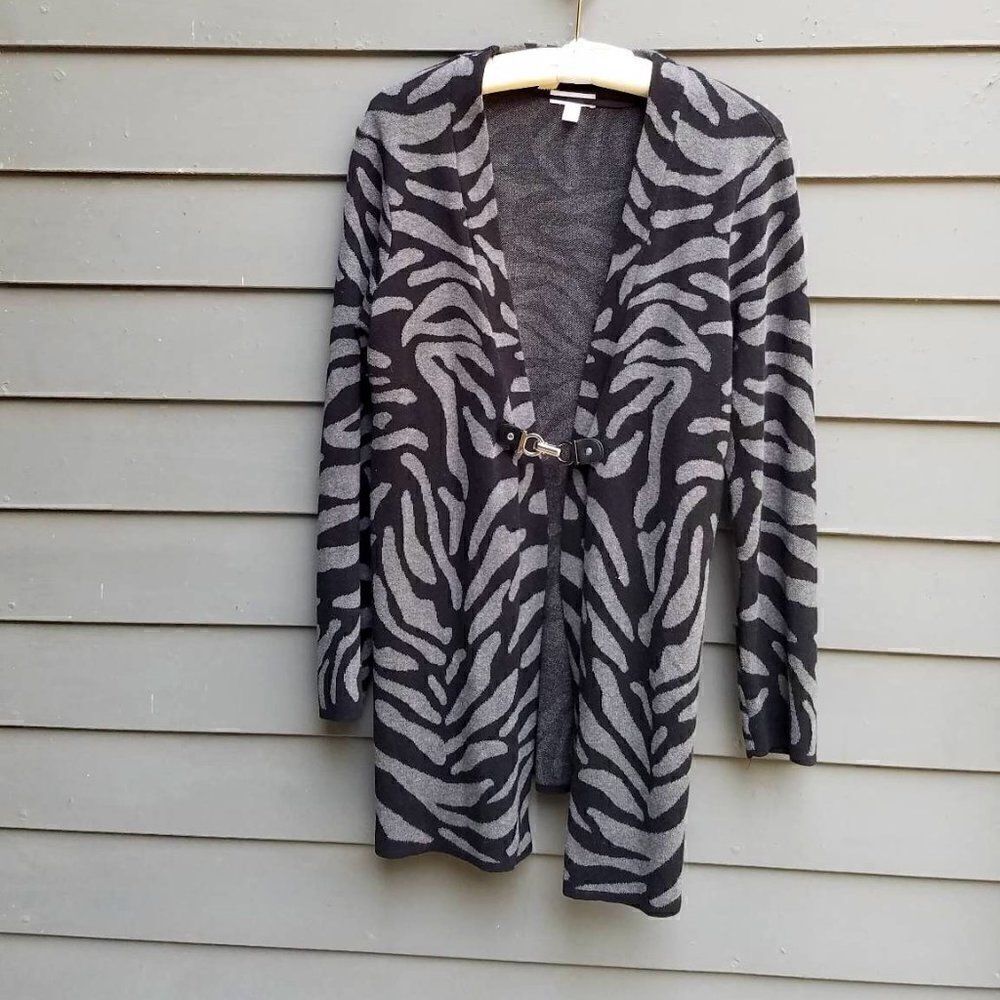 Charter Club Black Gray Animal Print Open Front Cardigan with Clasp Large